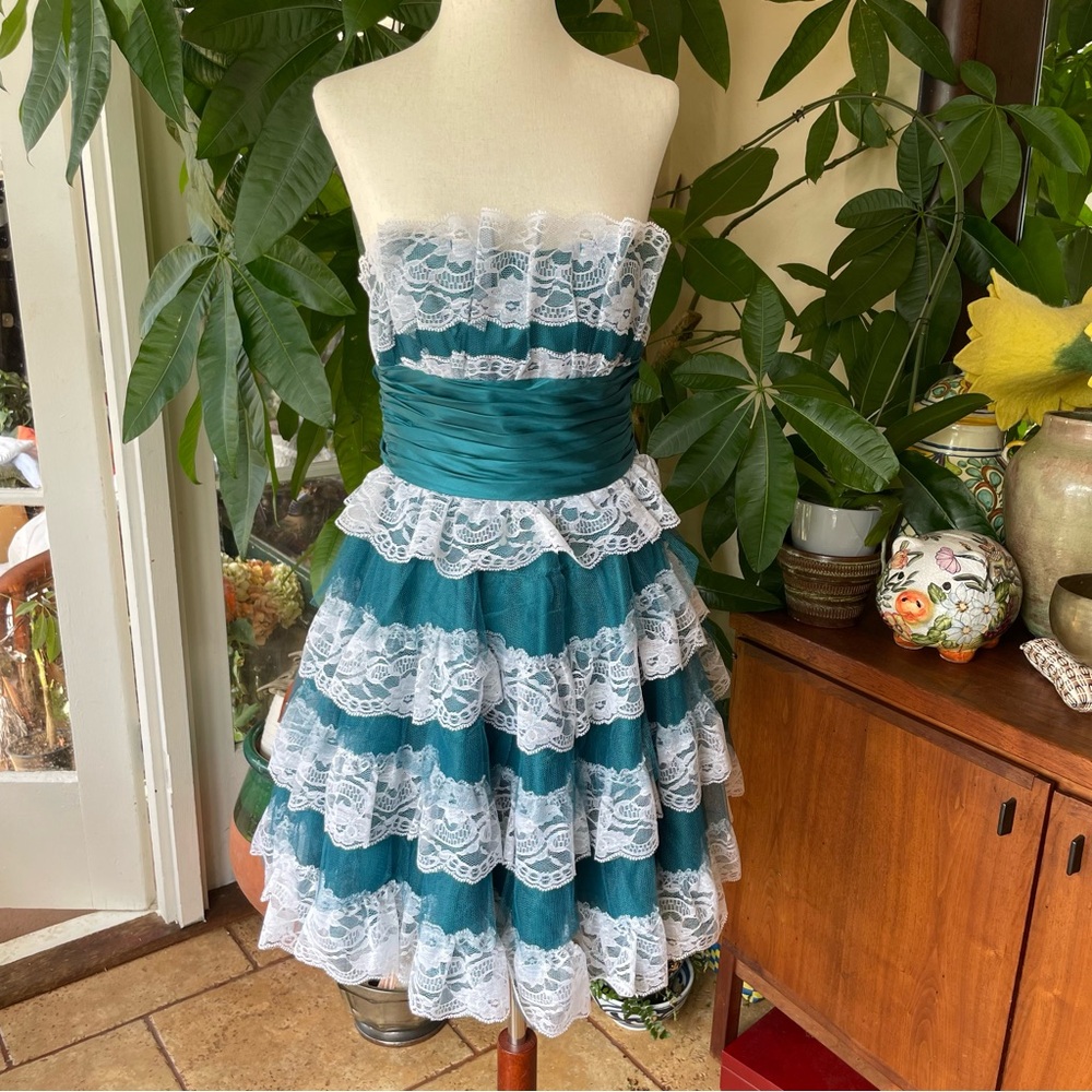Betsey Johnson Teal & White Tulle Evening Dress